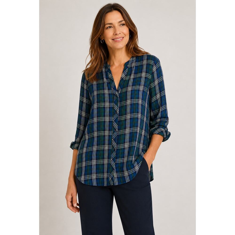J. Jill Blue Green Plaid Rayon Tunic Blouse Button Front Medium